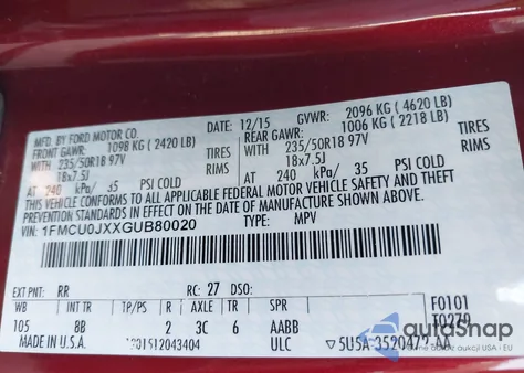 2016 Ford Escape Titanium z USA, uszkodzony, nr VIN 1FMCU0JXXGUB80020